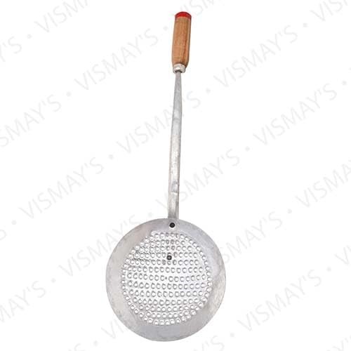 VISMAY'S Iron Bhujiya Frying Jhar Spoon Wooden Handle Food Grade Iron Frying Jhara Handcrafted for Indian Cooking Durable Long Lasting Kitchen Essential Traditional Eco Friendly Design Made in India Color - Silver view 2
