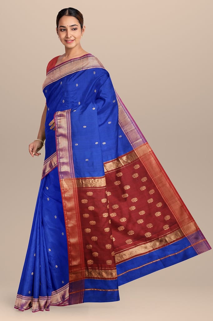 Royal Blue Buti Handwoven Sausar Silk with Zari Border and Buta Palla Saree SKU- BS10120 view 2