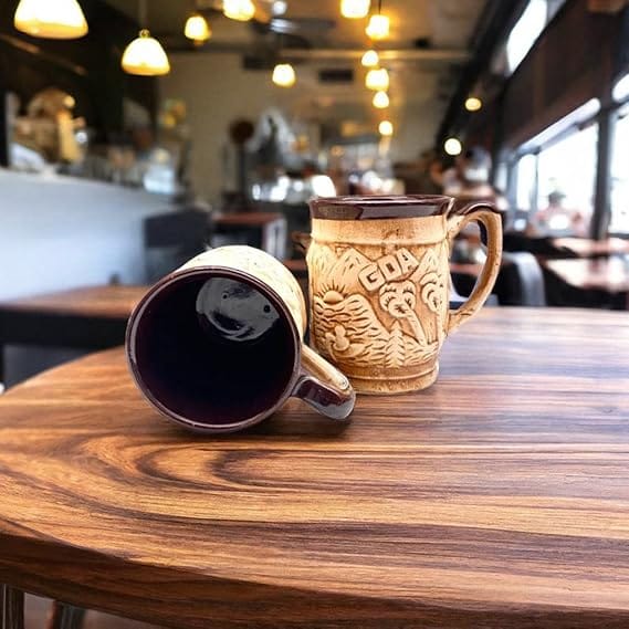 STOREPEDIA Handcrafted Goa Beach Ceramic Coffee Cups Mugs Set of 2 Tea Milk Beer Chai Mug for Daily Office Hotel Multipurpose Travel Gift Use Large Size Texture Brown Color 350 ml view 2
