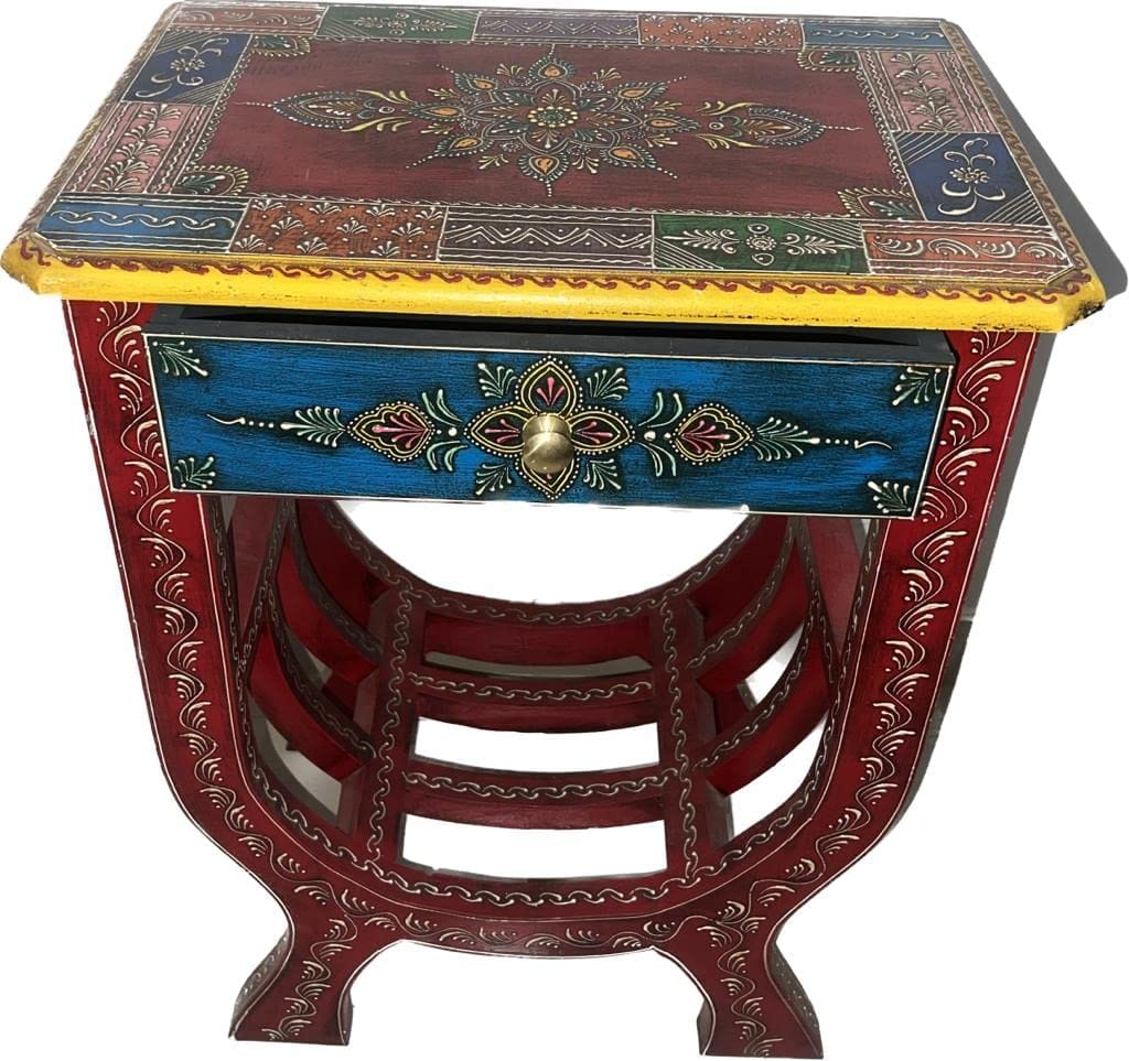 Shambhu Handicrafts Wooden U Shape Stool Cum Side Table || Hand-Painted With One Drawer Storage & Magazine Rack || HOME || RESTAURANT || OFFICE || DRAWING,LIVING ROOM DECOR