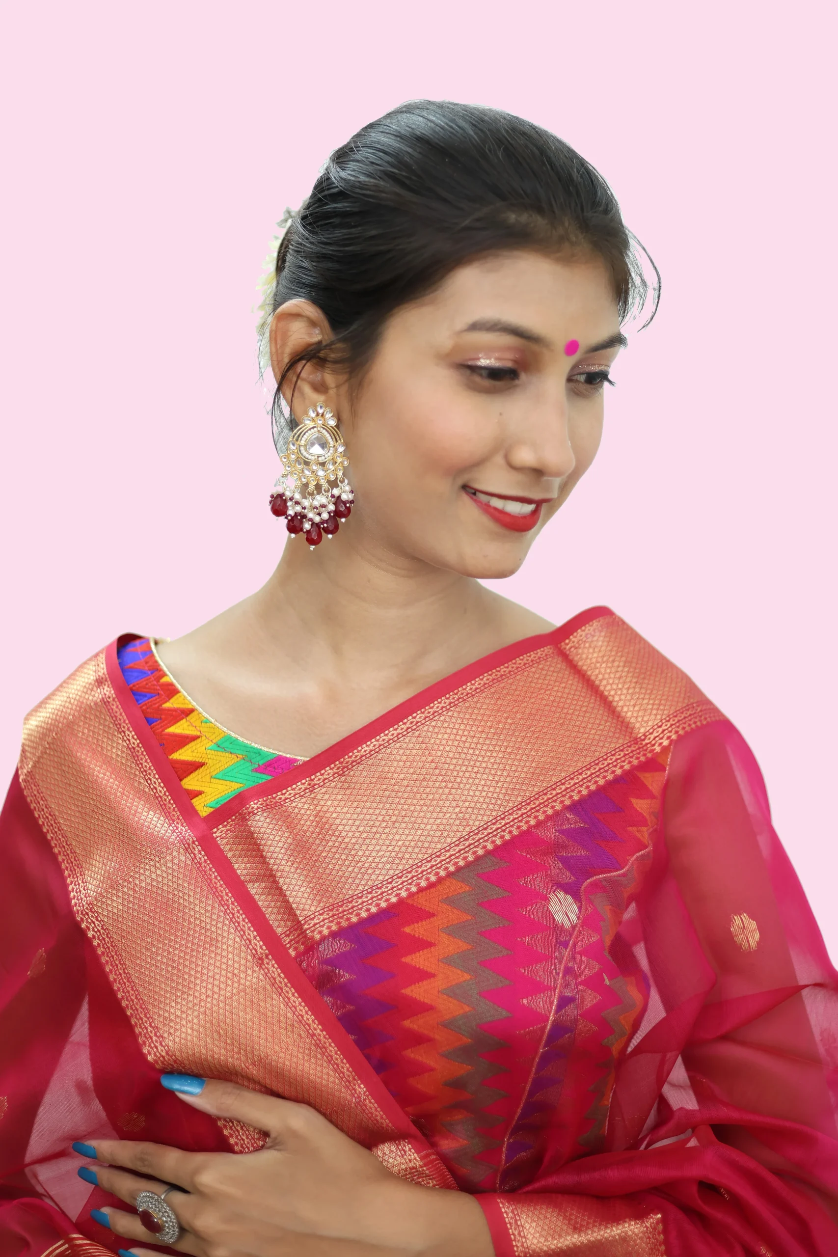 Imperial Rani Pink Zari Chatai handloom Saree with Tassels view 2