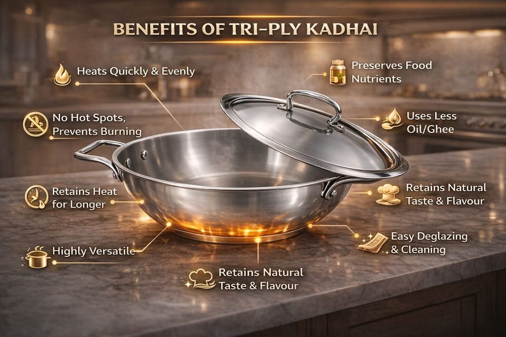 WEKTU Premium Tri-Ply Stainless Steel Kadhai with Lid - Induction & Gas Compatible, Mirror Finish view 2
