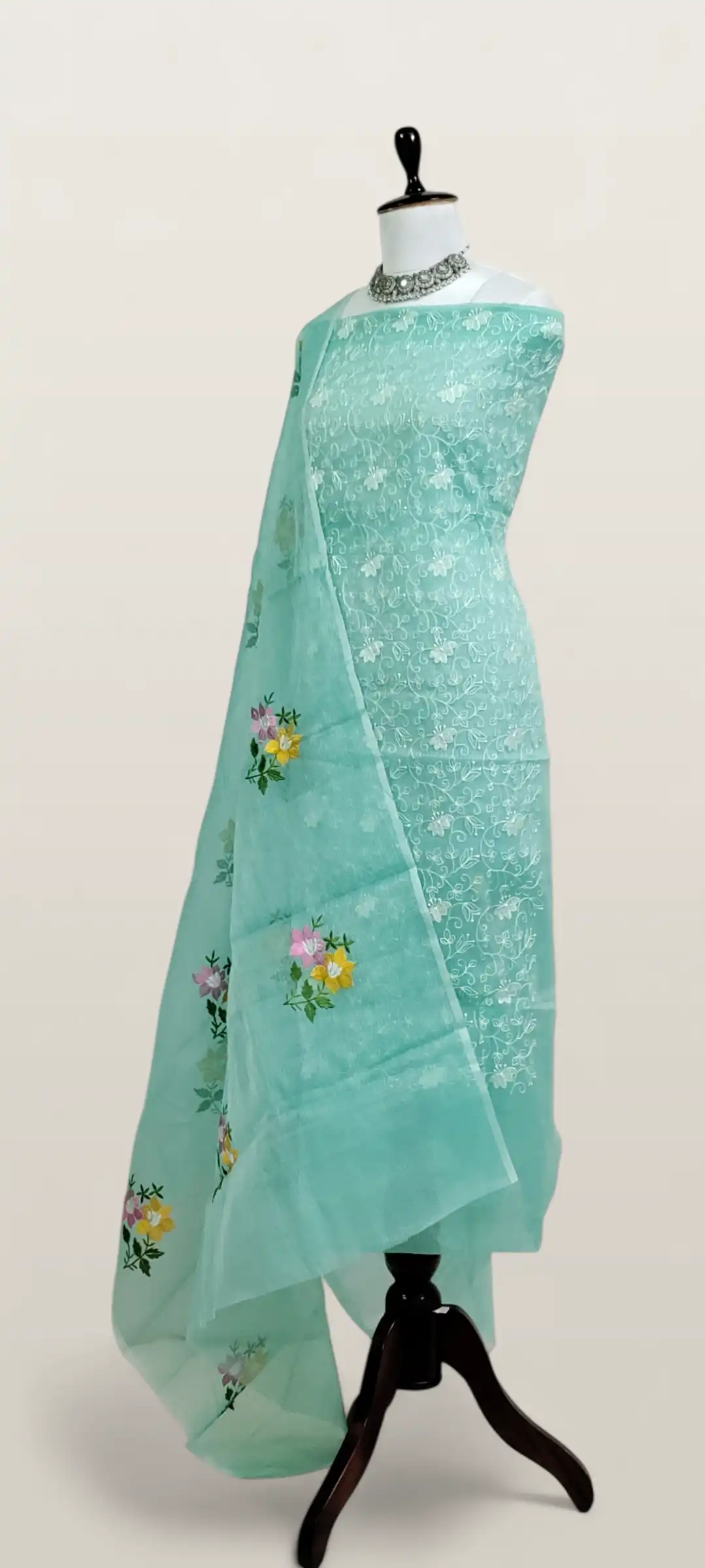 Kota Doria Dress Material Teal Green Floral Jaal view 2