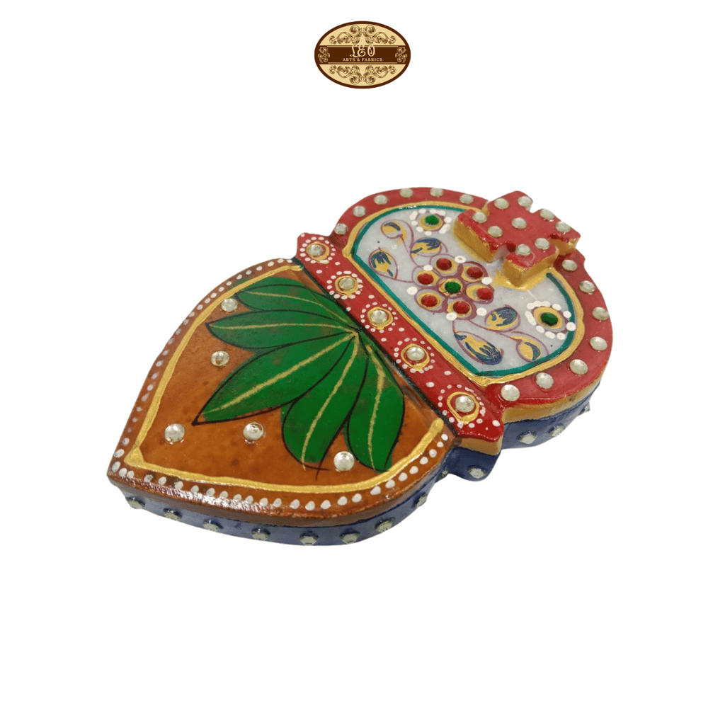 Handmade Marble Meenakari Chopda Kalash, 13cm x 8cm x 3cm, Red with Green and Pearl Embellishments - STYLE-2 view 2