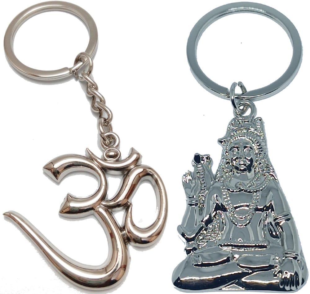 KD COLLECTIONS Lord Shiva Shankar Bholenath Mahadev Mahakaal Adiyogi Keychain & Om Keychain Combo – Silver – Pack of 2 Keychains