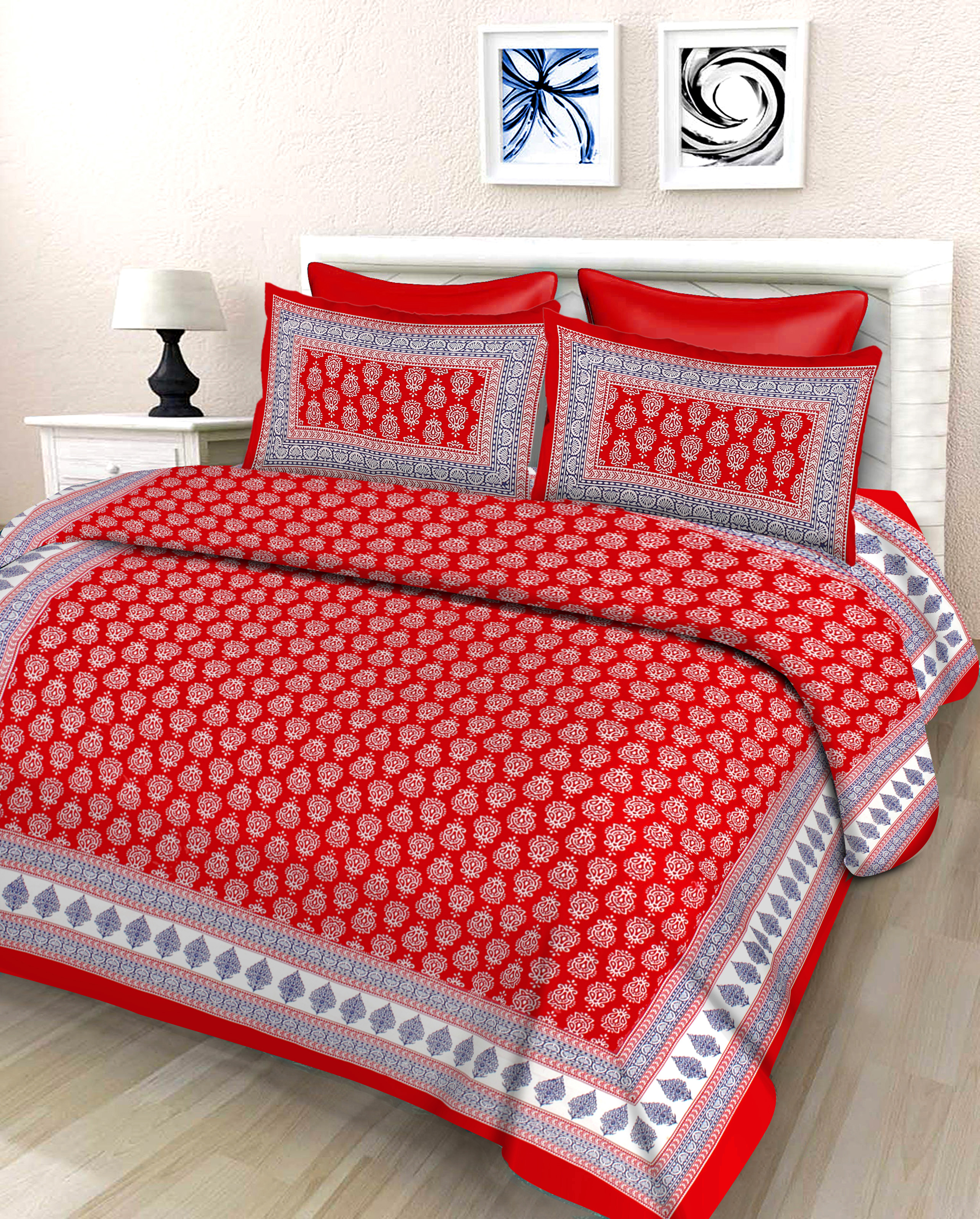 Lali Prints Red White Printed Cotton 130 TC Queen Bedsheet With 2 Pillow Covers