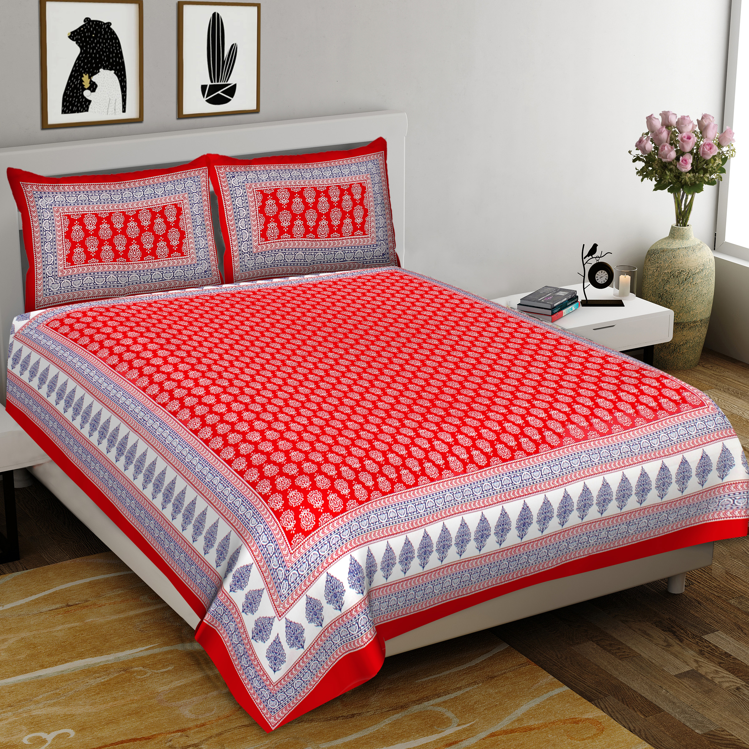 Lali Prints Red White Printed Cotton 130 TC Queen Bedsheet With 2 Pillow Covers view 2
