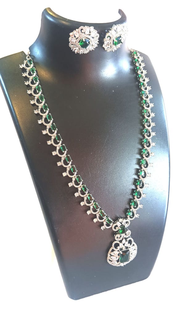 Stunning Silver Necklace Set with Green Stones and Intricate Design view 2