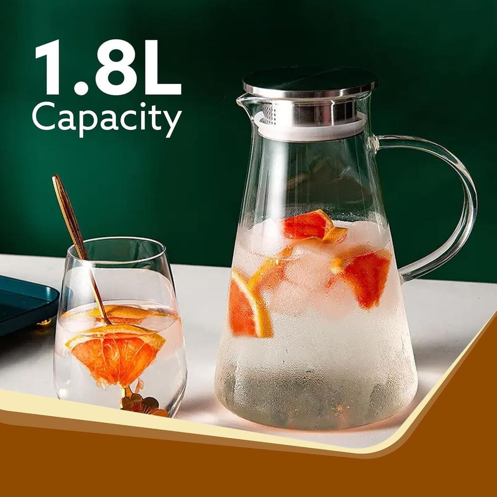 Lining Glass Water jug | 1.5 Littre | Water/Juice Pitcher Carafe with Handle and Lid | Perfect for Drinking Beverages, Serving Kitchen and Dining/Tableware-Milk, Juice, Water view 2