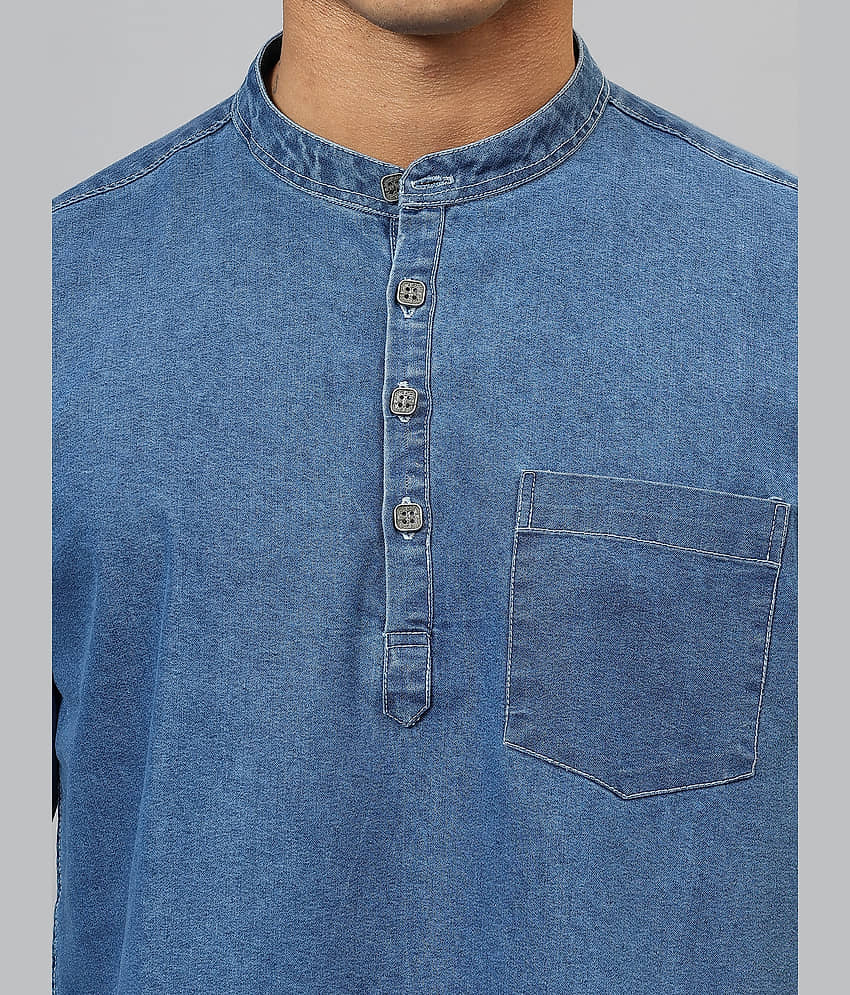 plounge Cotton Blend Plain Regular Kurta For Men ( Blue ) view 2