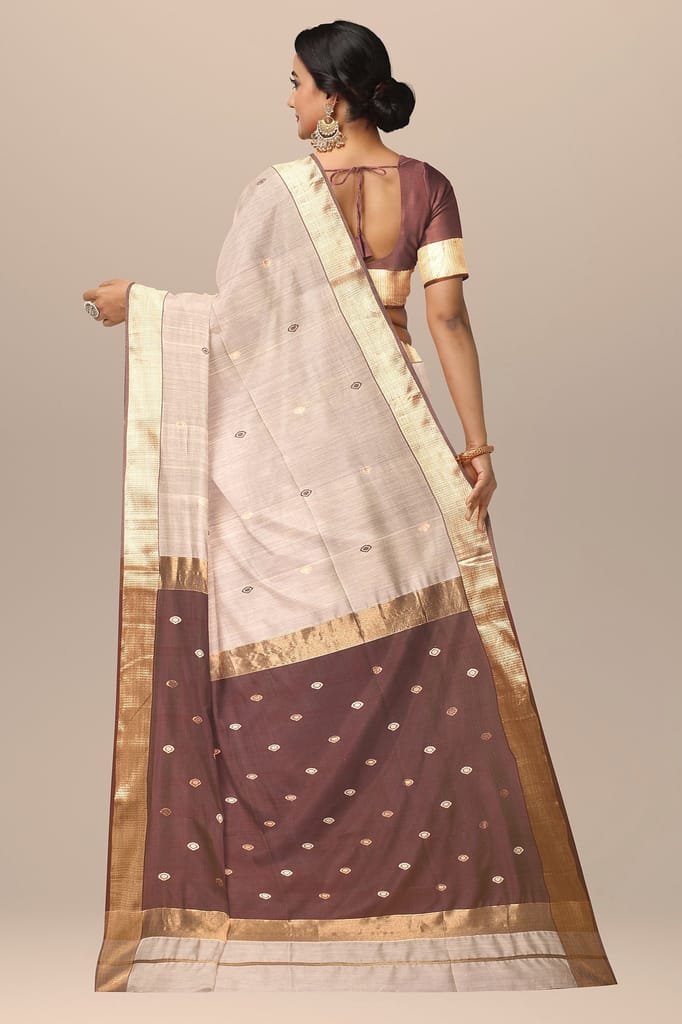 Beige Handwoven Diya Buti Maheshwari Silk with Zari Border Saree SKU-BS10056 view 2