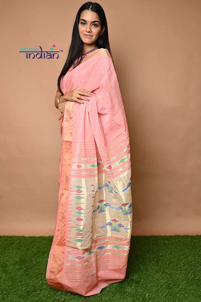 Cotton Paithani - Handloom Fresh Peach Paithani with Traditional Double Pallu view 2