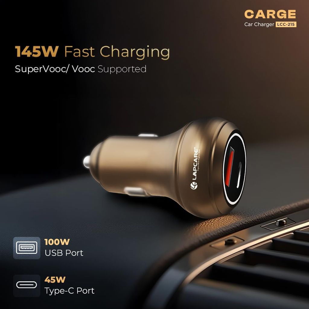LAPCARE CARGE 145W Car Charger with Dual Output, Type C (45W) PD/PPS, USB Port (100w), Compatible for Smartphones, USB Devices (Copper & Golden) view 2