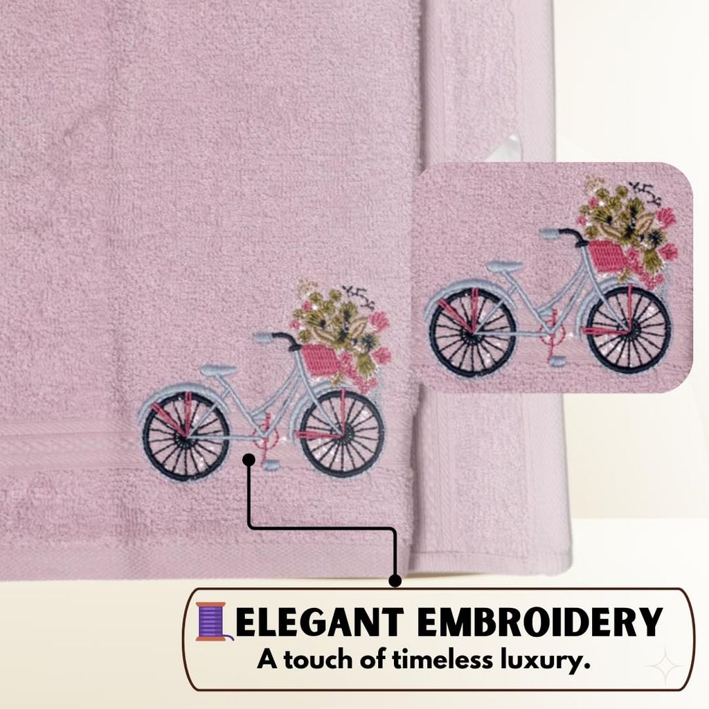 Mrijaa Luxury Bamboo Towel Set, Pink, 600 GSM, Vintage Bicycle Bliss, 3 Piece Set (Bath Towel-70x150cm, Hand Towel-40x60cm, Face Towel-30x30cm) view 2