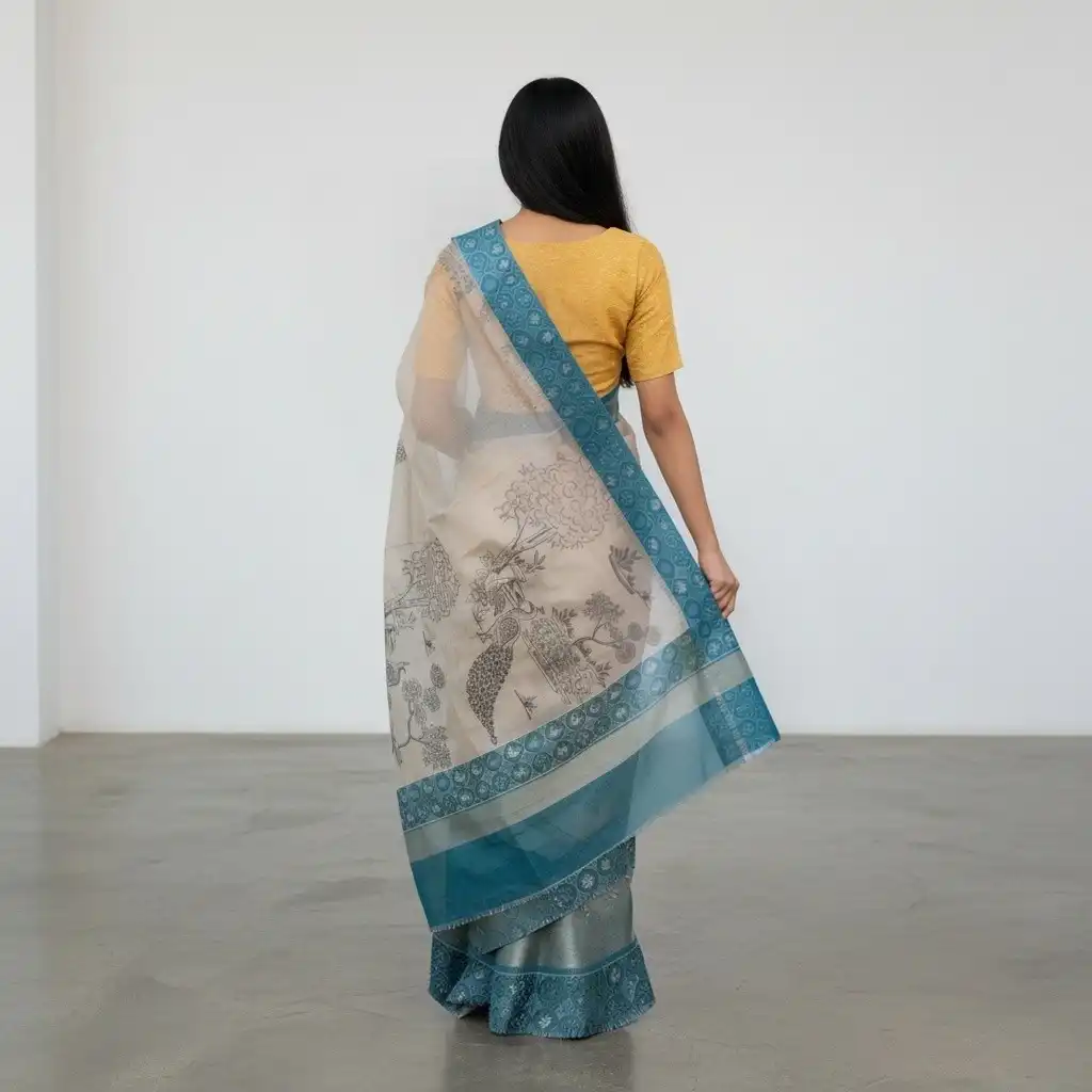 Kota Doria Cotton-Silk Saree, Block-Printed Peacocks with Zari Border view 2