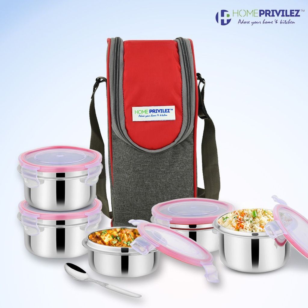 “Steel-Fresh” Stainless Steel Air Tight and Leak Proof Lunchbox-2x350ml, 2x250ml and 100mlx1 pcs (Set of 5) view 2