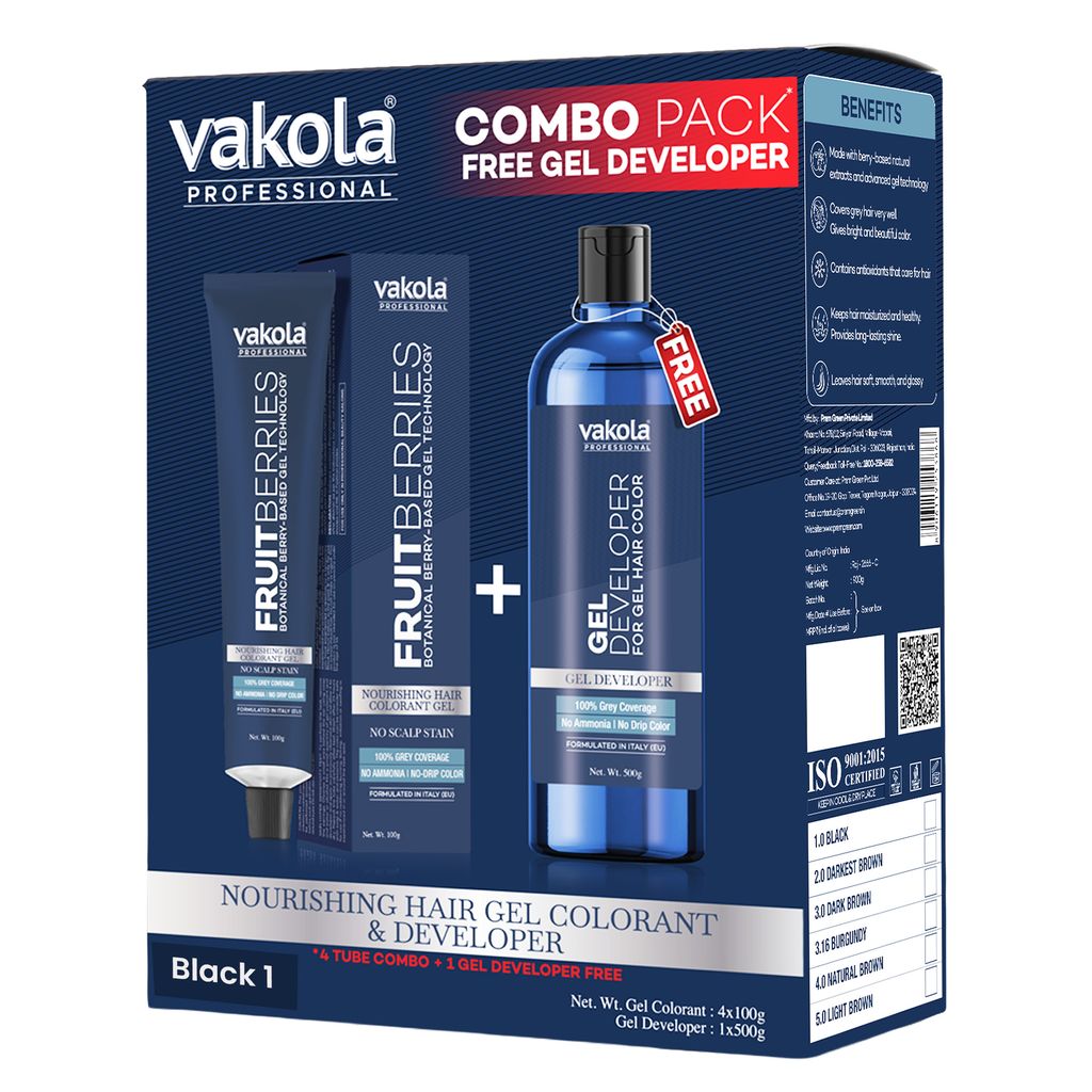 Vakola Professional FruitBerries Gel Hair Colourant Natural Black 4 Tubes x 100g with 500g Gel Developer, No Scalp Stain, No Dripping, 100% Grey Coverage view 2