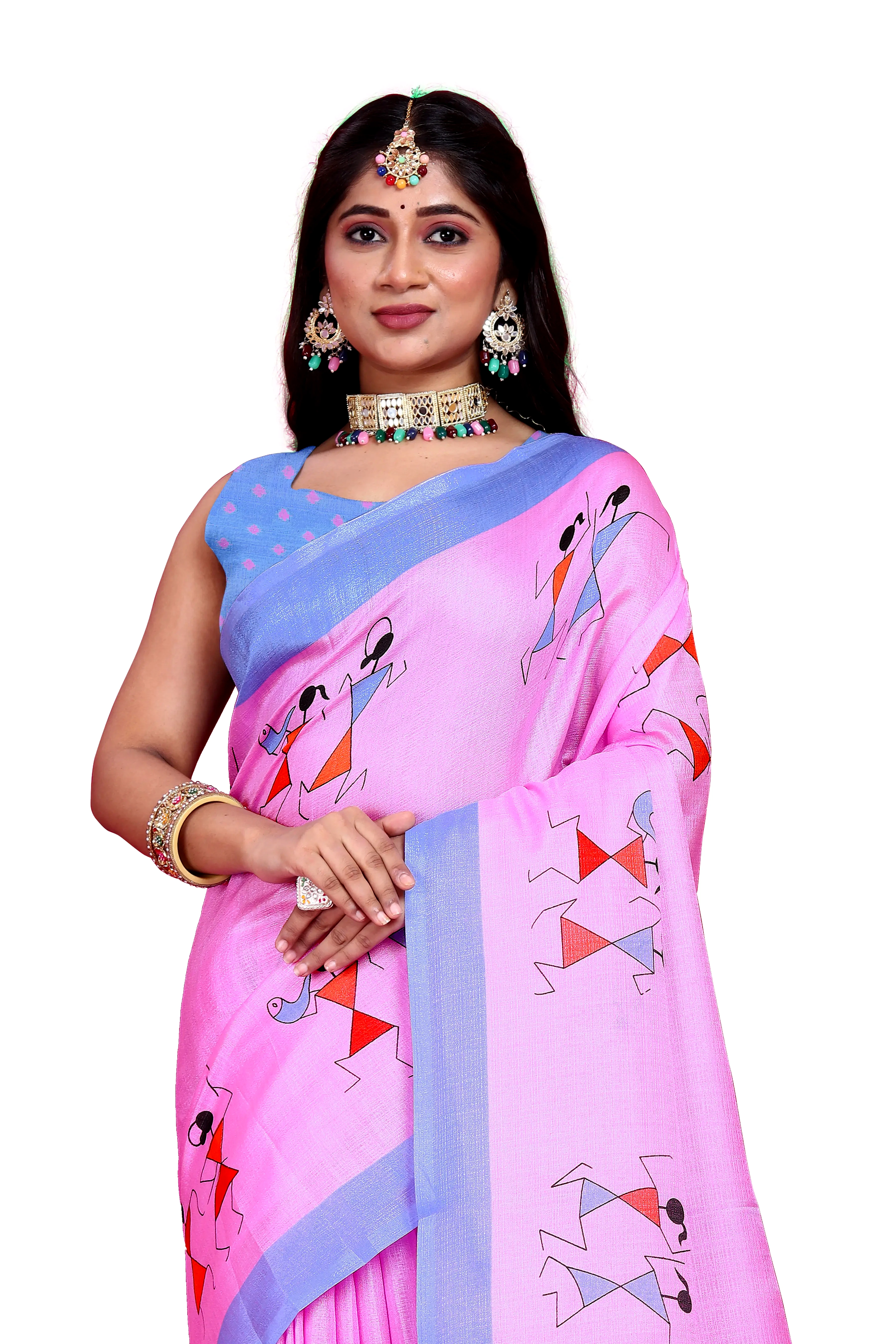 Khadi Silk Warli Printed Saree with Unstitched Blouse for Women (Color - Pink) by SHIV TEXTILES view 2