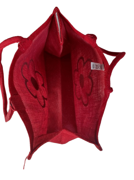 Red Glitter Jute Tote Bag with Flower Print view 2