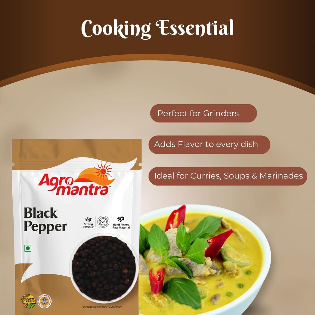 Agro Mantra Black Pepper | Sourced from Kerala | Robust Flavor & Intense Aroma | Perfect for Curries, Soups, Marinades & Chaat Masala | Vegetarian & Preservative-Safe (pack of 3) view 2