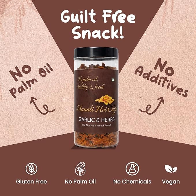 Manali Hot Chips Organic Potato Wafers Garlic & Herbs Flavor 150g | Farm Fresh Thin & Crunchy Crispy Snack | No Palm Oil view 2
