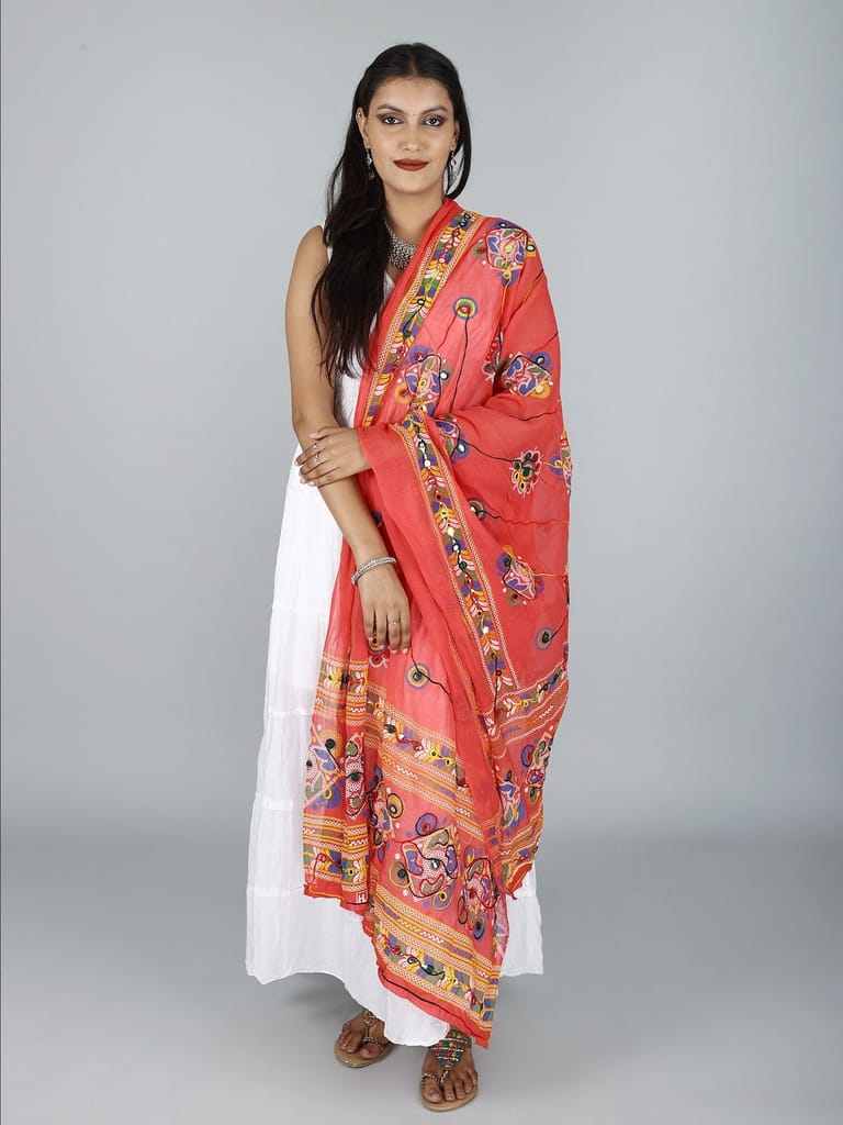 Bittersweet Printed Dupatta from Kutch with Hand-Embroidered Florals and Mirrors view 2