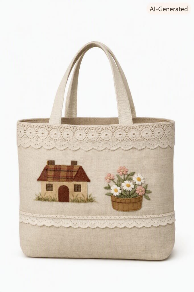 Embroidered Linen Tote Bag with Lace Trim view 2