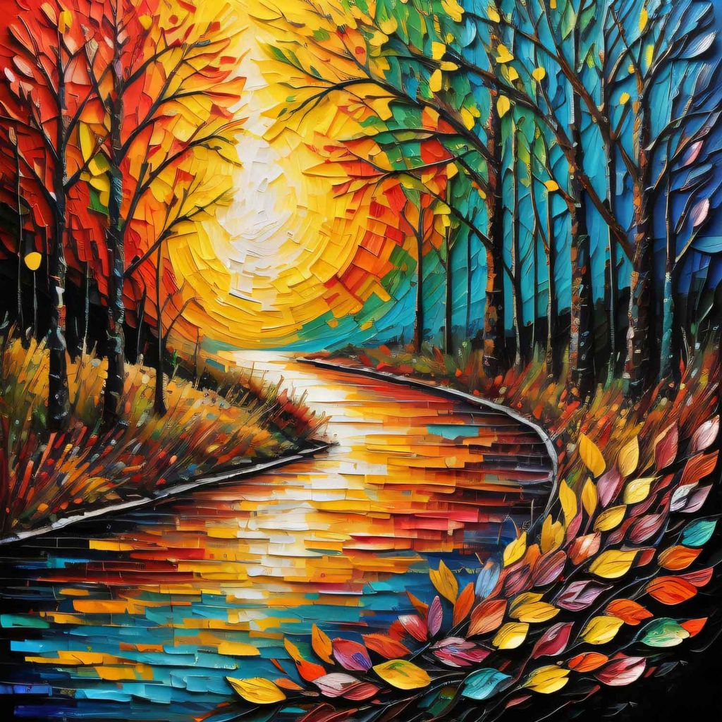 AUTUMN FOREST RIVER PAINTING 24in X 24in WITH BLACK FRAME view 2