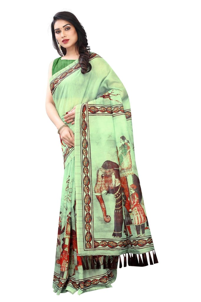 Silk Zone Women's Ajrakh Kalamkari Cotton Digital Printed Tassel Saree with Blouse Piece view 2