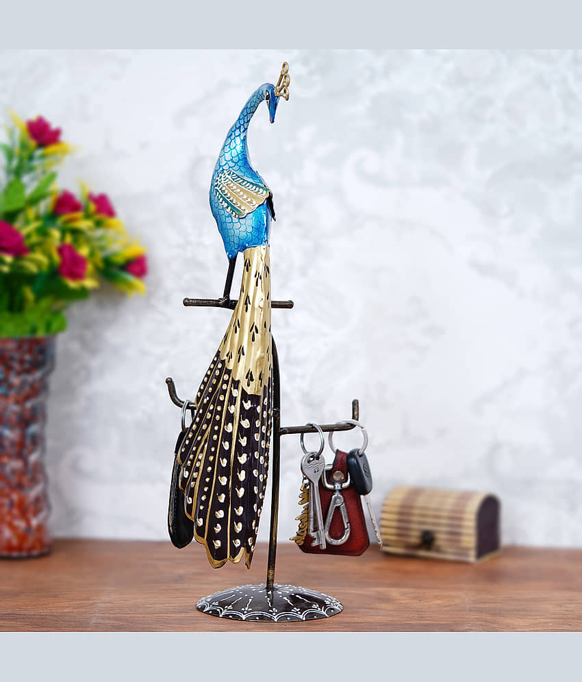eCraftIndia Blue & Gold-Toned Handcrafted Peacock Key Holder view 2