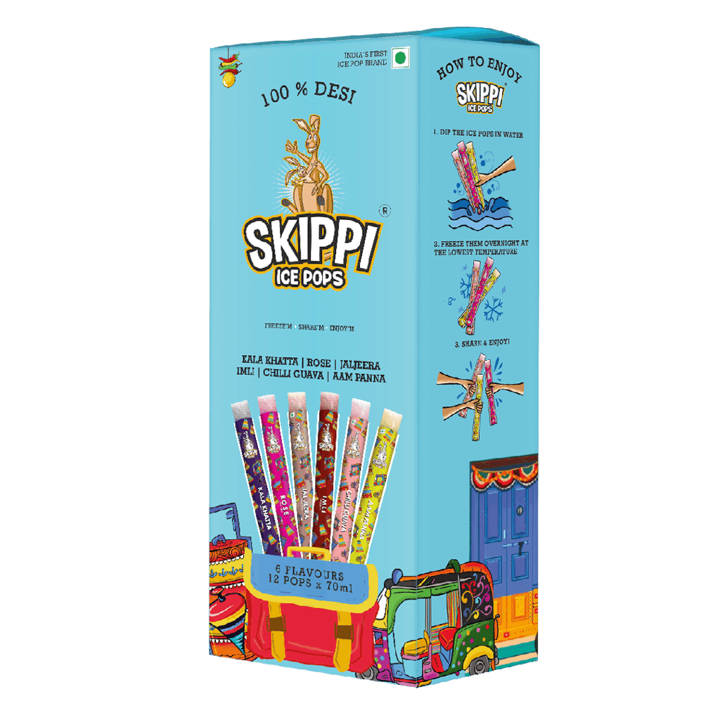 All Desi Flavour Box of Skippi Ice Pops, Kala Khatta, Rose, Jaljeera, Imli, Chilli Guava, Aam Panna ( 2 Qty of 6 Indian flavours, 12 Ice pops X 70ml each)