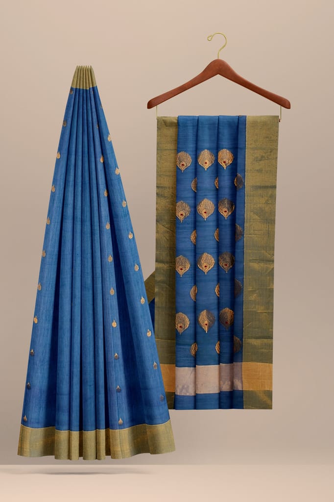 Royal Blue Morpankh Buta Handwoven Chanderi Saree With Golden Zari Border SKU -BS10086 view 2