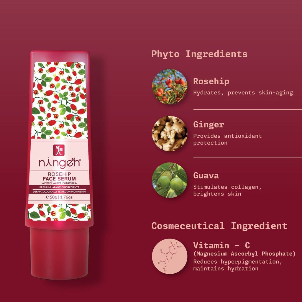 Ningen Rosehip Face serum I Goodness of Ginger, Guava, Vitamin-C I Dermatologically Tested, Paraben Free I Helps Reduce Fine Lines, Improve Overall Skin Texture I 50g view 2