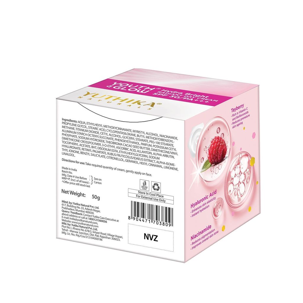 Yuthika Youth & Glow Hydra Bright Radiant Day Cream 50g, SPF30 PA+++ Dermatologically Tested, Tayberry Active Face Cream view 2