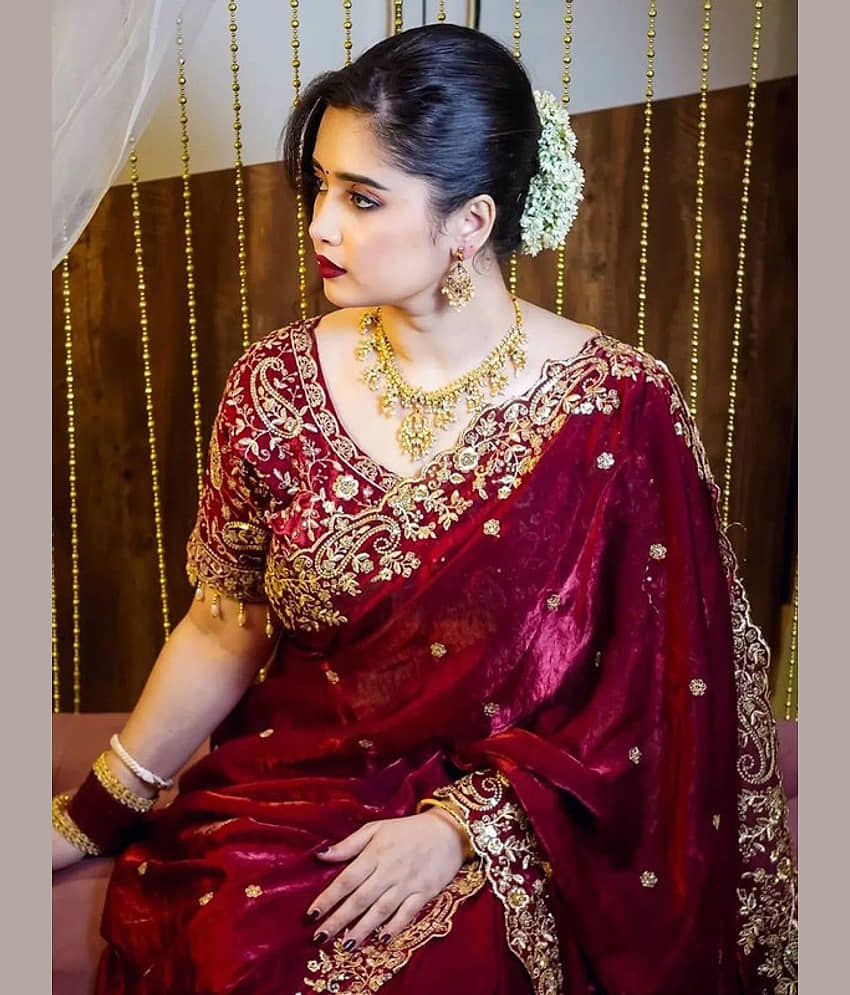 ofline selection Satin Embroidered Regular Saree With Unstitched Blouse Piece ( Maroon )