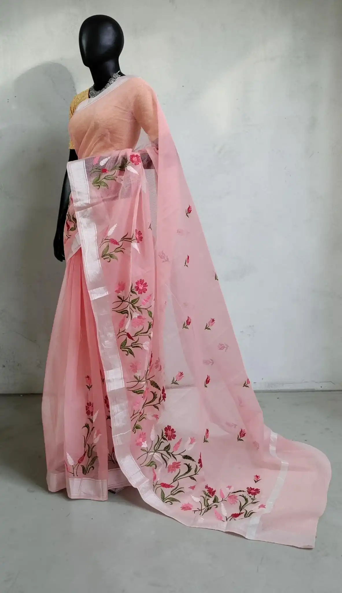 Baby Pink Kota Doria Cotton-Silk Saree with Block-Printed Florals view 2