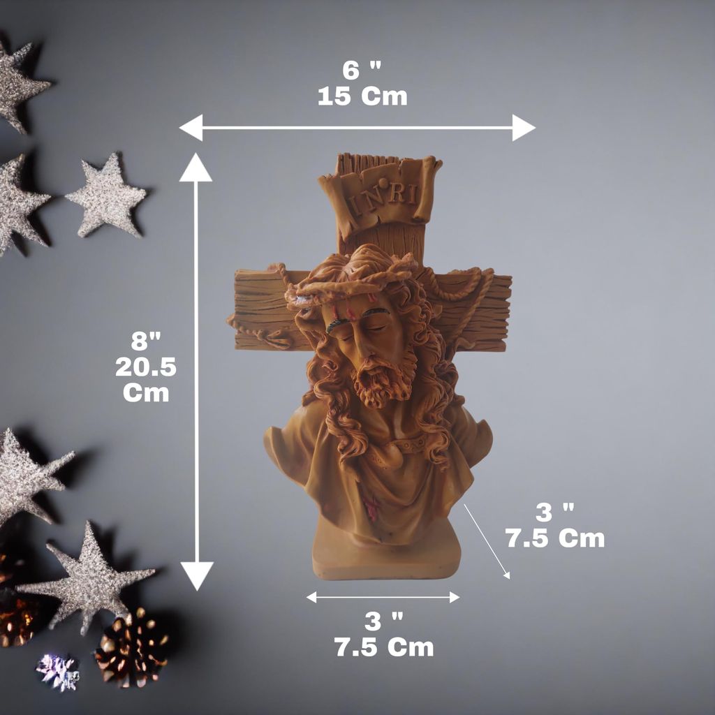 AMS Jesus Christ Idol with Cross | Resin Statue of Lord Jesus with Crown of Thorns & INRI Sign � Antique Brown Finish | Christian Showpiece for Home Altar, Prayer Room & Gifting � 8 Inch view 2