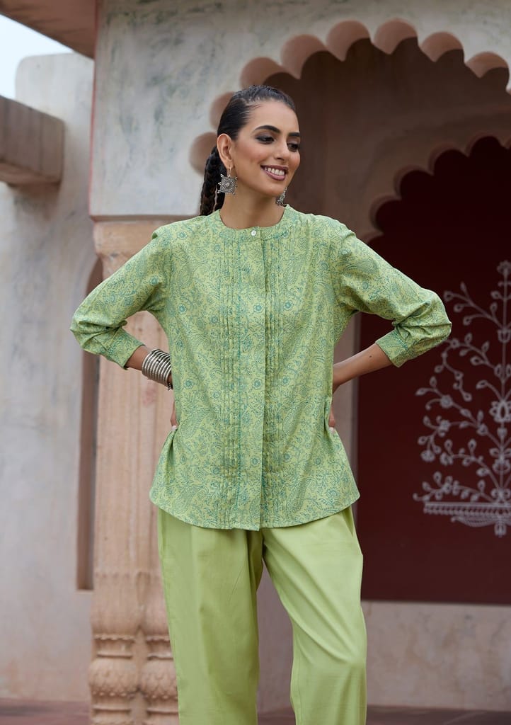 HOC Crafts Glazed Cotton Hand Block Printed with Hand Embroidery Women's 2 PC Co-ord Set - Green view 2