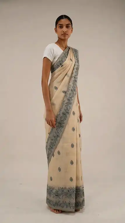 Bomkai Sonepuri Beige Cotton Saree Olive Paisley Buti view 2