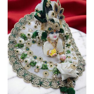Designer White & Green Laddu Gopal Poshak with Floral Detail | Janmashtami Krishna Idol Outfit and Crown view 2