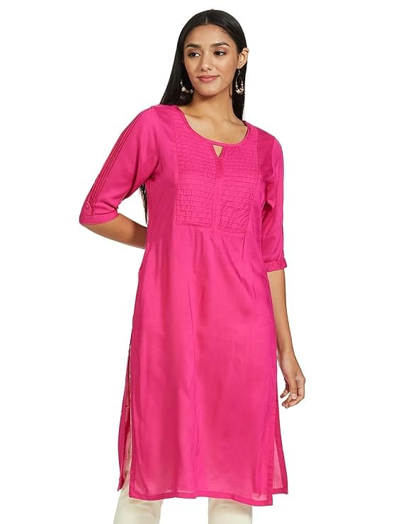 Pink Rayon Embroidered A-Line Kurta with Round Neck and 3/4th Sleeves