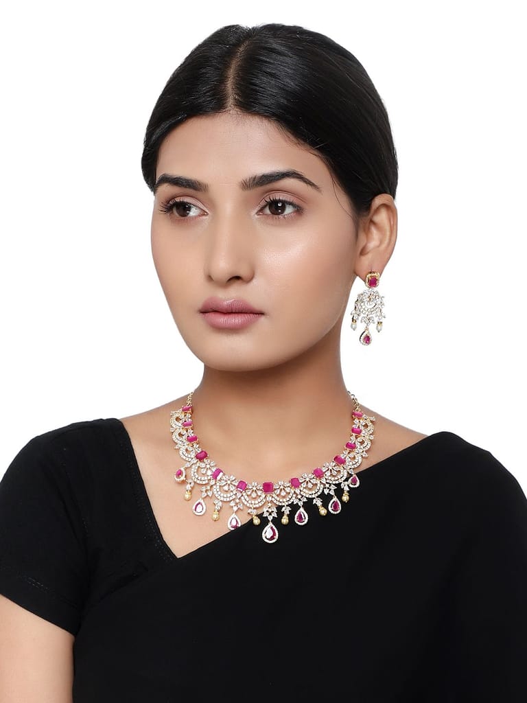 Cardinal Gold Plated Ruby Color Stone American Diamond Brass Necklace Set view 2