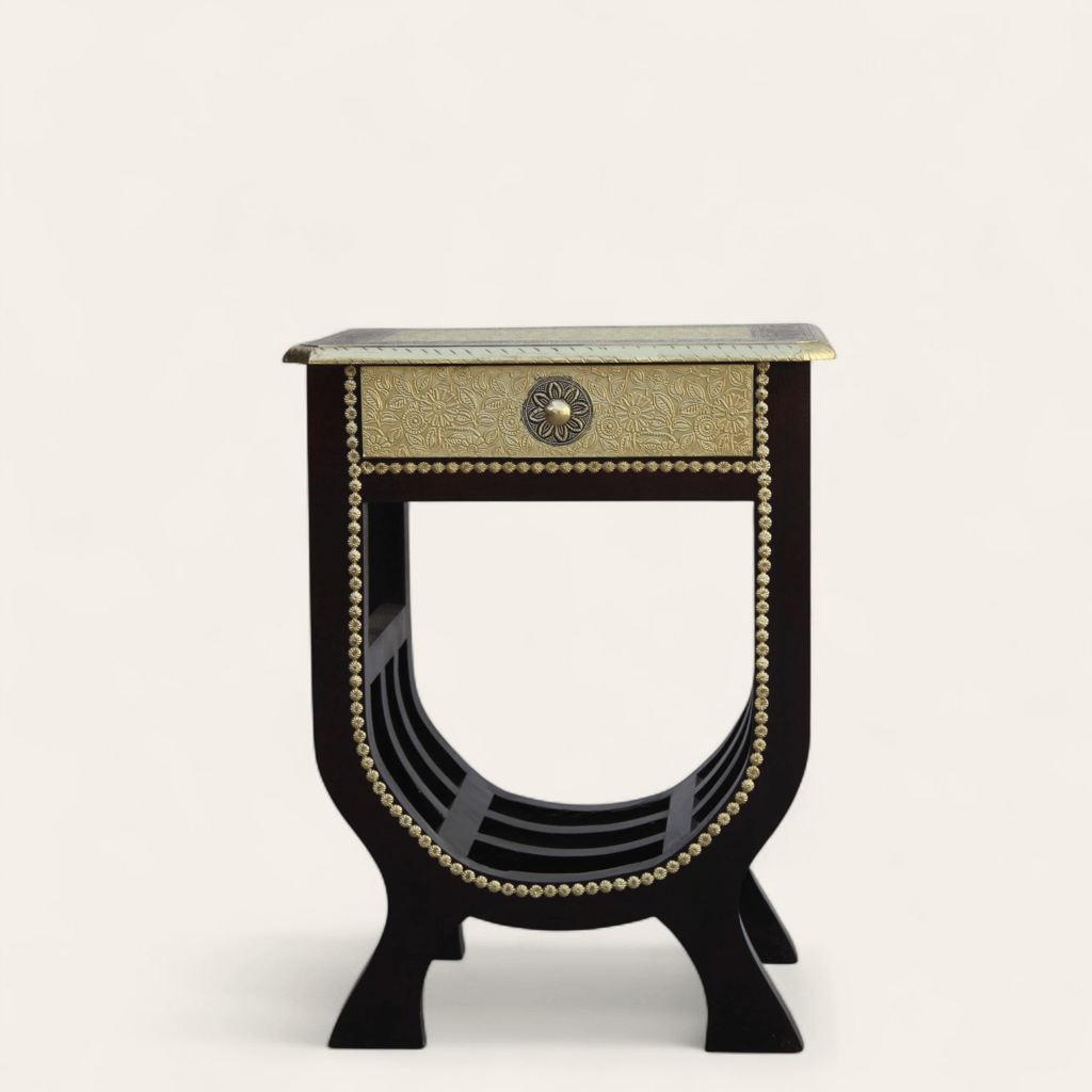 Shambhu Handicrafts Wooden U Shape Stool Cum Side Table || Handcrafted brass feeting With One Drawer Storage & Magazine Rack || HOME || RESTAURANT || OFFICE || DRAWING,LIVING ROOM DECOR .
