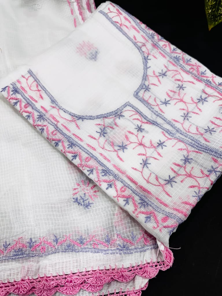 Tulip Handcrafted Kota Doria Unstitched Suit Fabric with Intricate Embroidery � White Base with Pink & Blue Floral Work view 2