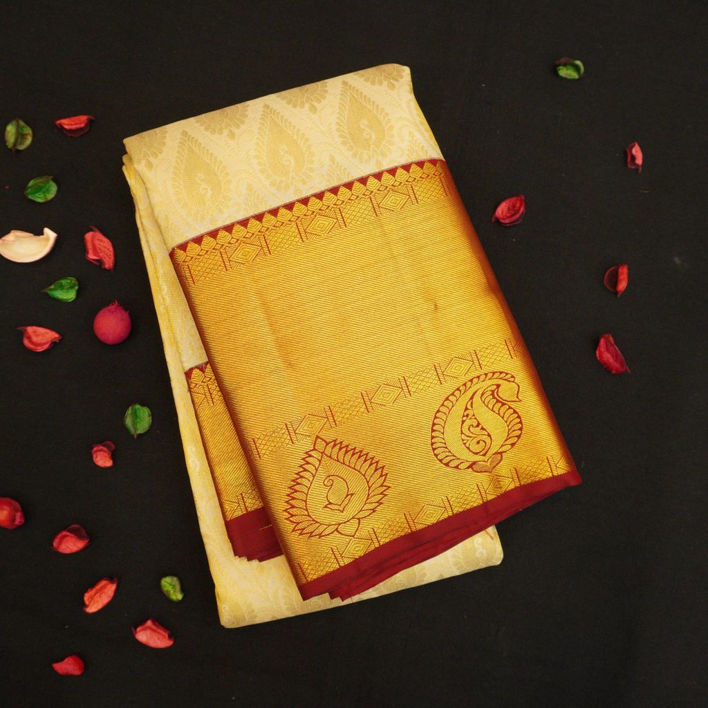 Half White with Maroon Kanjivaram Silk Saree - Latest Bridal Collections view 2