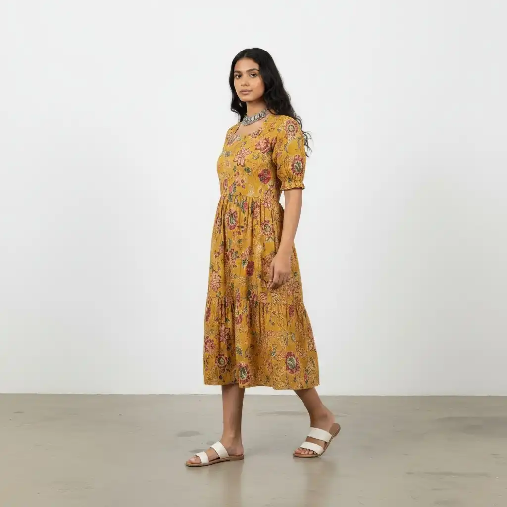 Jaipur Cotton Kurti in Chartreuse with Screen-Printed Floral view 2