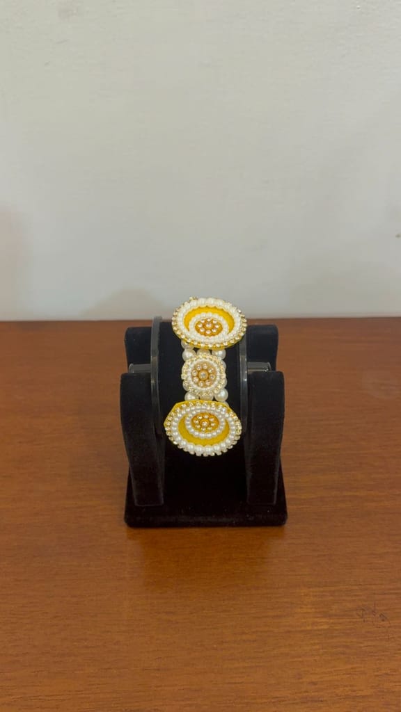 Elegant Yellow Floral Moti Bracelet Featuring White Pearl Border And Crystals view 2