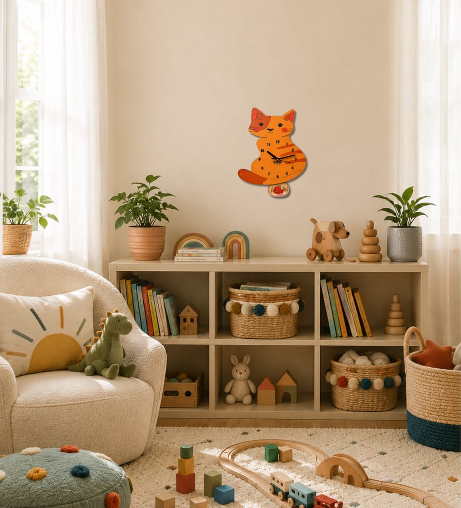 LOLAC Mimi Cat Wooden Pendulum Wall Clock for Kids, 5+ Years view 2