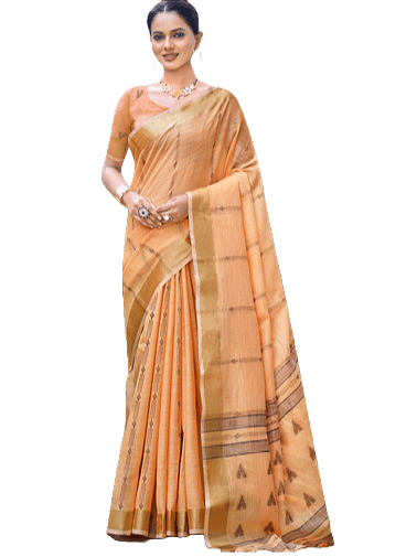 Light Orange Woven Cotton Blend Saree With Tassels view 2