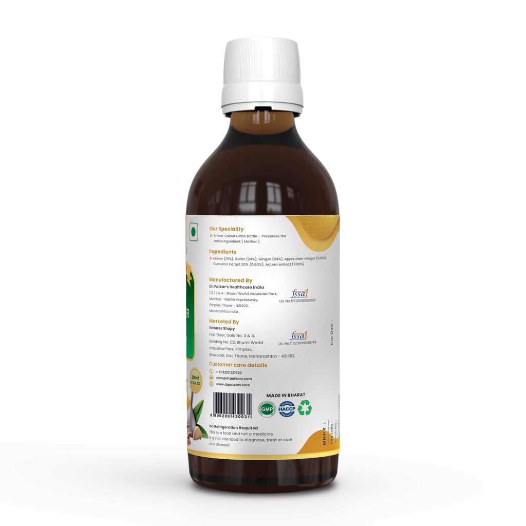 Dr. Patkar's ACV HRT GOLD | Apple Cider Vinegar with Arjuna, Curcumin, Ginger, Garlic & Lemon | 2X Formula Health Shot |Cholesterol Care| Immunity, Heart & Gut Support | Raw & Unfiltered (200 ML) view 2